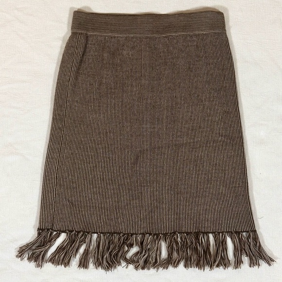Kenar Dresses & Skirts - Kenar Brown Beige Striped Fringe Wool Knit Skirt Midi Tassel Medium 90’s